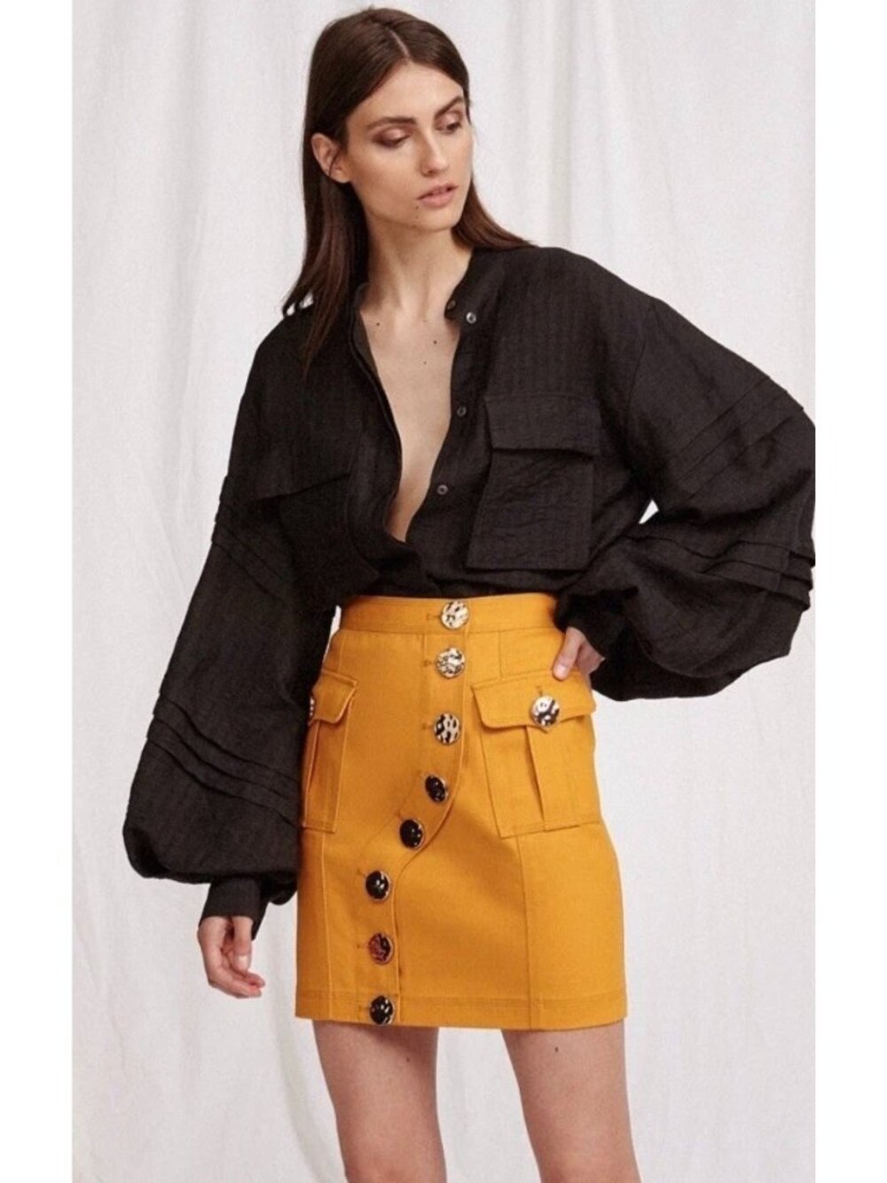 ACLER Golding Canvas Denim Skirt 4 Yellow Asymmetrical Tortoiseshell Button